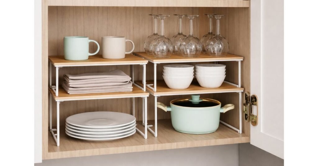stackable shelf organiser cabinet and cupboard organization smart storage solution